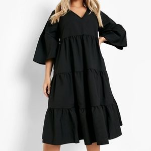 Plus V Neck Tired Midi Smock Dress